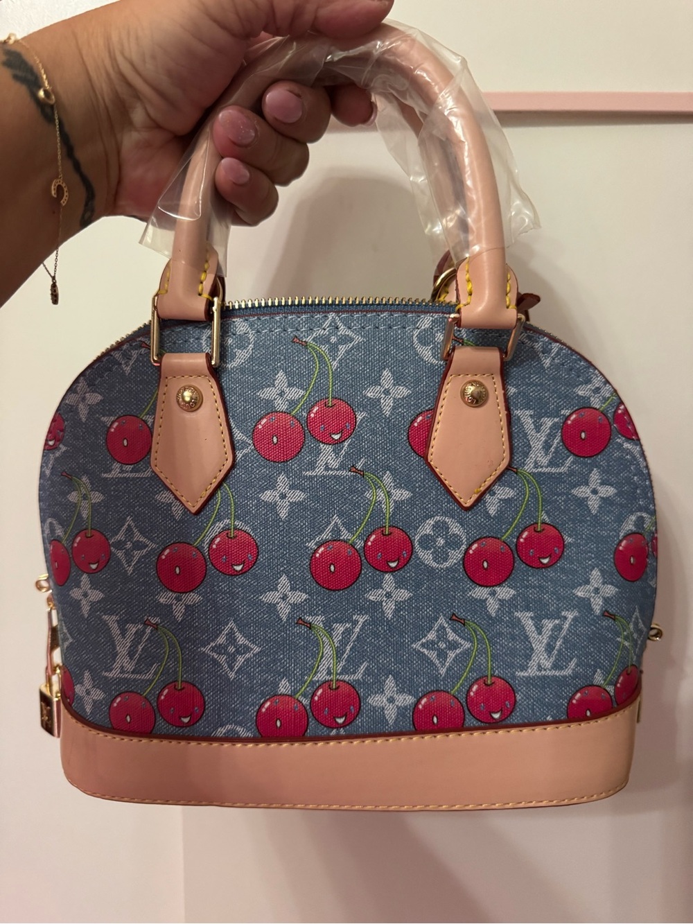 Designer-Inspired Cherry Print Dome Satchel - Pink